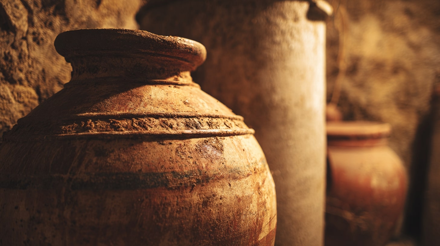 Caves à vin avec amphores en argile, fermentations lentes et utilisation mesurée du soufre